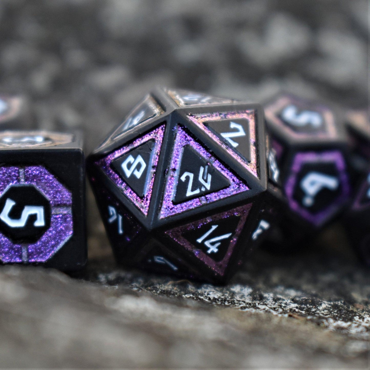 Cleric's Shadow Domain Purple & Matte Black Metal Dice Set – 7-Piece Polyhedral RPG Dice