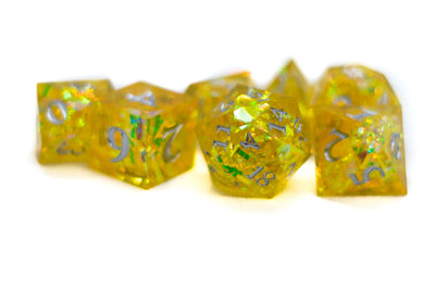 Yellow Shimmer w/silver  7-Dice Set Resin Sharp Edge RPG DND