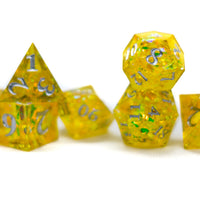 Yellow Shimmer w/silver  7-Dice Set Resin Sharp Edge RPG DND
