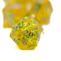 Yellow Shimmer w/silver  7-Dice Set Resin Sharp Edge RPG DND