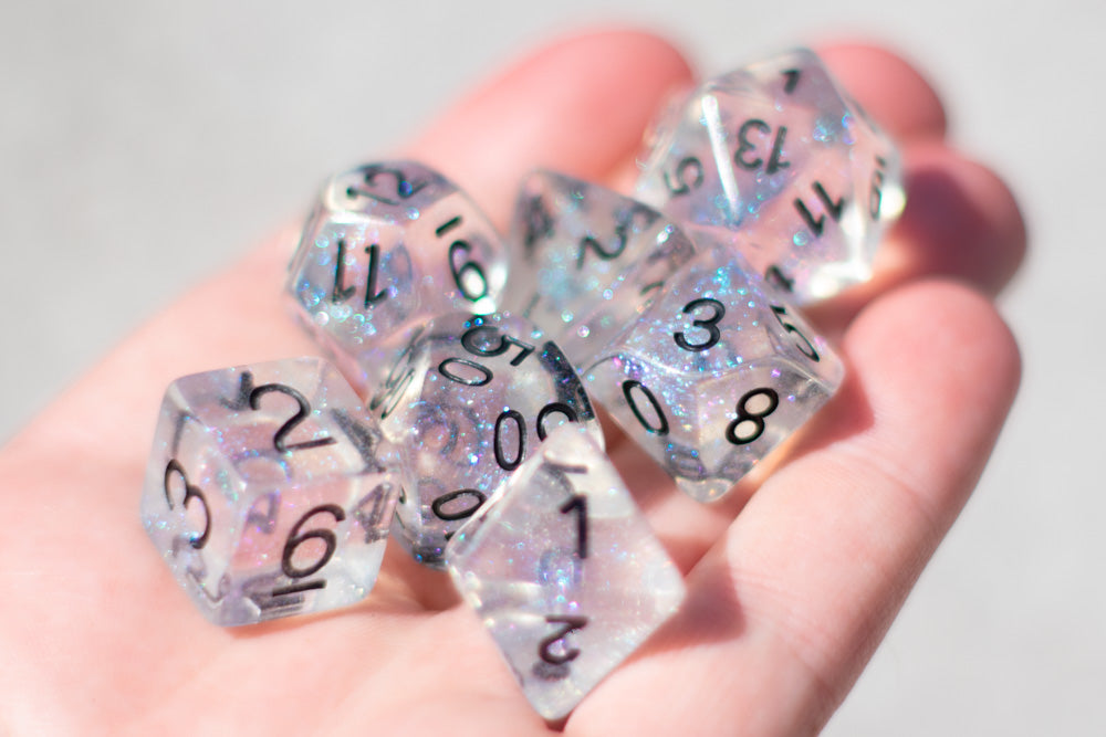 The Time Walker | Clear Glitter 7-Dice Set RPG Dice Set w/Black