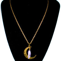 Amethyst Gold Metal Crescent Moon Necklace Pendant