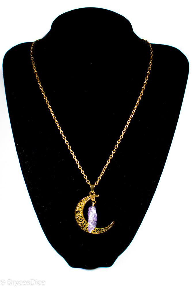 Amethyst Gold Metal Crescent Moon Necklace Pendant