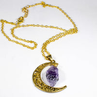 Amethyst Gold Metal Crescent Moon Necklace Pendant