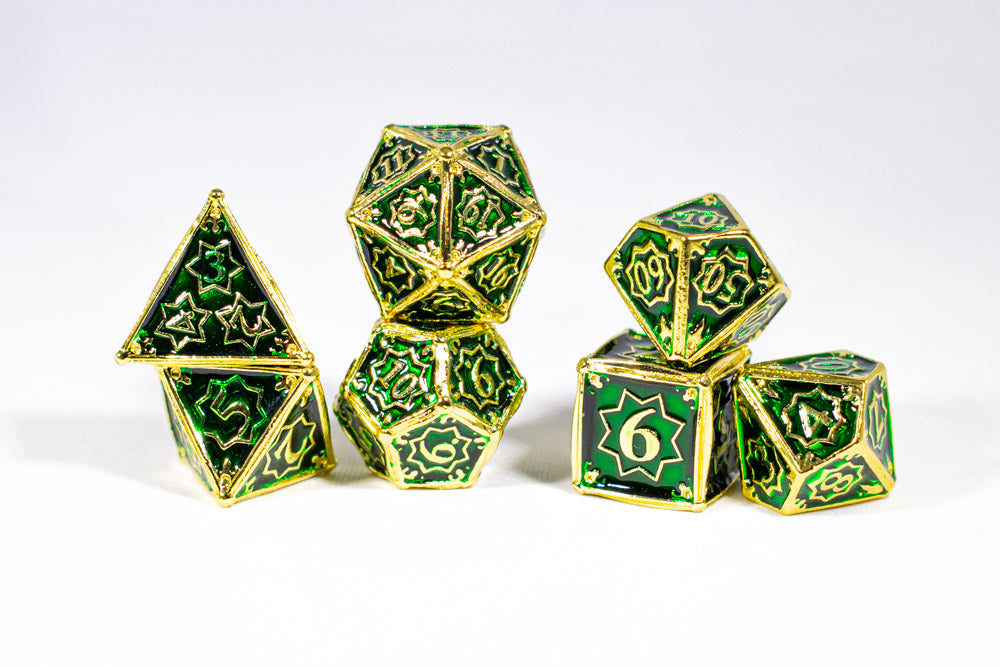 Celtic Shards 7-Dice Metal Set Gold w/ Green Fill {North Star Dice Collection}