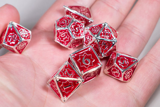 Defender 7-Dice Metal Set Silver w/ Red Fill {North Star Dice Collection}