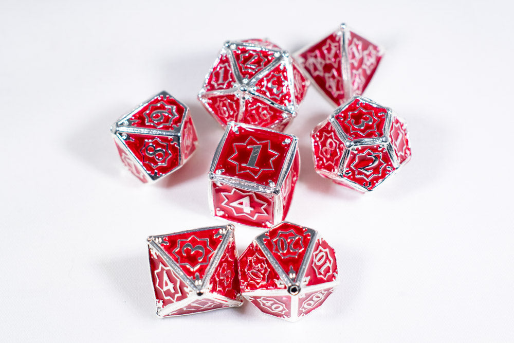 Defender 7-Dice Metal Set Silver w/ Red Fill {North Star Dice Collection}