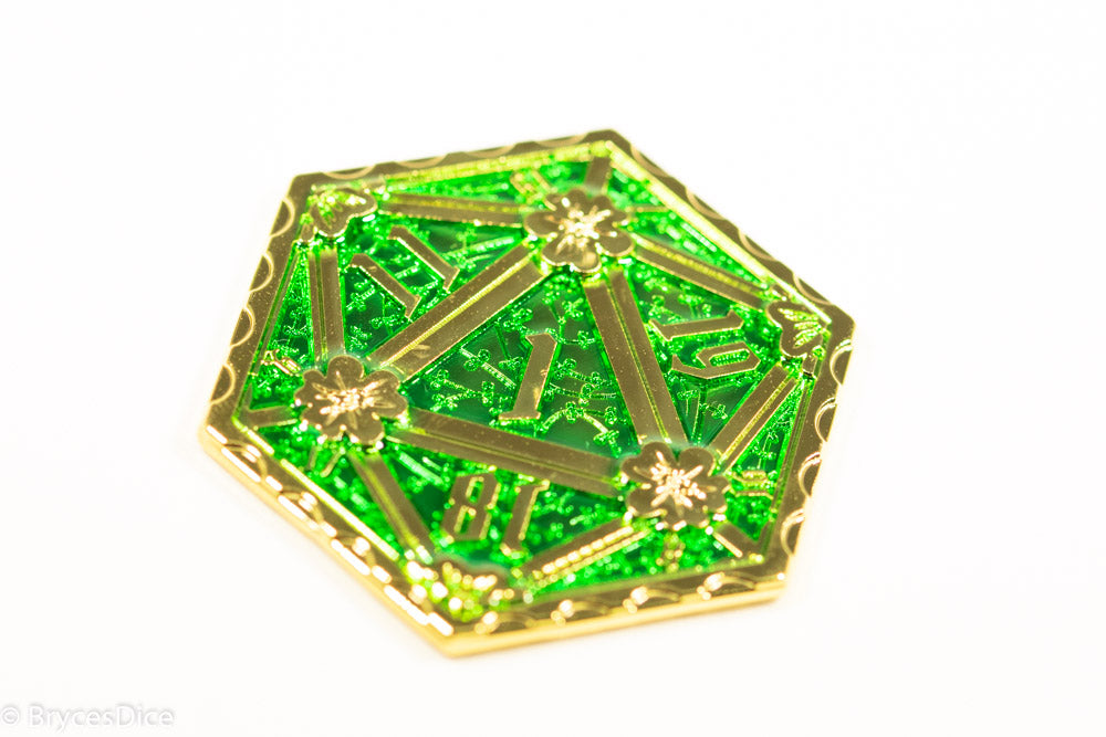 Gold d2 Coin Shaped like d20 Solid w/Green Enamel Color