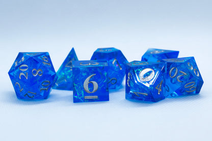 Water Sharp Resin 7-Dice RPG DND Set (w/Silver Numbers)