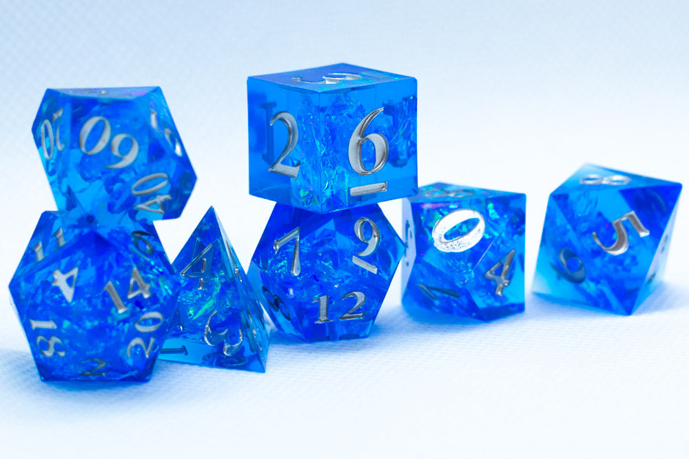 Water Sharp Resin 7-Dice RPG DND Set (w/Silver Numbers)