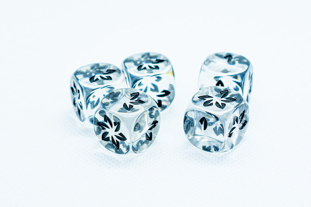 Clear w/Black Falling Petals Dice 16mm D6 Flower Dice (sold per die)