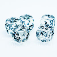 Clear w/Black Falling Petals Dice 16mm D6 Flower Dice (sold per die)
