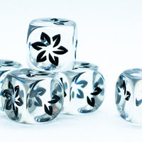 Clear w/Black Falling Petals Dice 16mm D6 Flower Dice (sold per die)