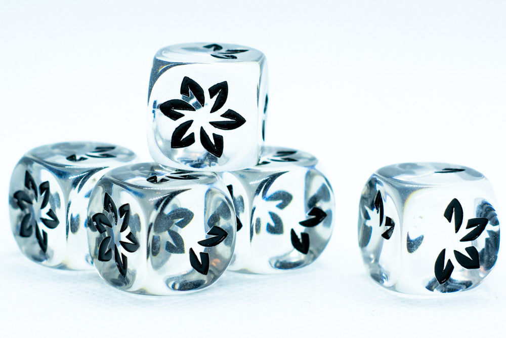 Clear w/Black Falling Petals Dice 16mm D6 Flower Dice (sold per die)