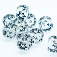 Clear w/Black Falling Petals Dice 16mm D6 Flower Dice (sold per die)