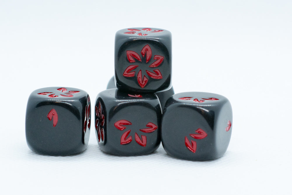 Black w/Red Falling Petals Dice 16mm D6 Flower Dice (sold per die)