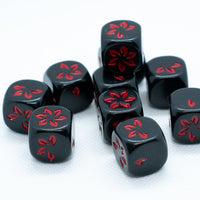 Black w/Red Falling Petals Dice 16mm D6 Flower Dice (sold per die)