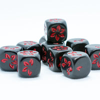 Black w/Red Falling Petals Dice 16mm D6 Flower Dice (sold per die)