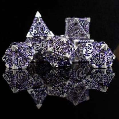 Dragonguard Hollow Metal Dice Set – Purple & Silver 7-Piece Polyhedral RPG Dice