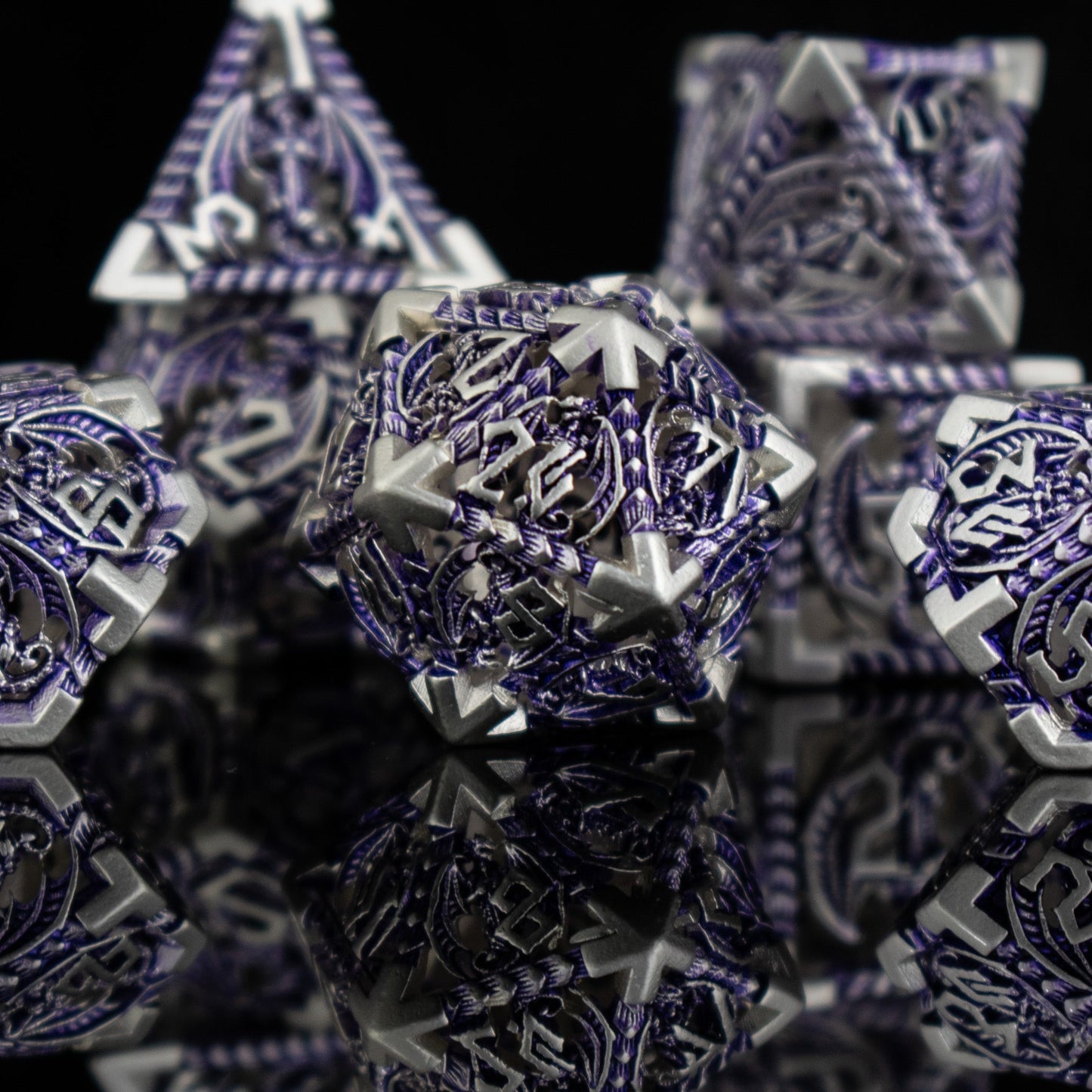 Dragonguard Hollow Metal Dice Set – Purple & Silver 7-Piece Polyhedral RPG Dice