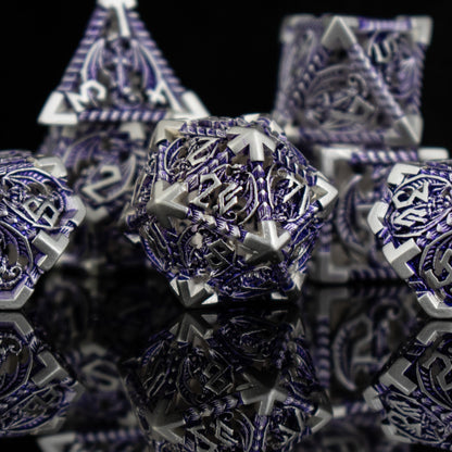 Dragonguard Hollow Metal Dice Set – Purple & Silver 7-Piece Polyhedral RPG Dice