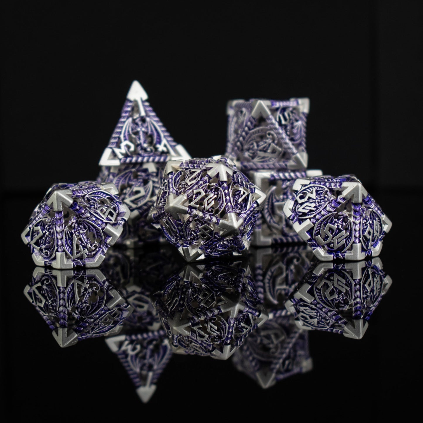 Dragonguard Hollow Metal Dice Set – Purple & Silver 7-Piece Polyhedral RPG Dice