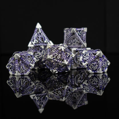 Dragonguard Hollow Metal Dice Set – Purple & Silver 7-Piece Polyhedral RPG Dice
