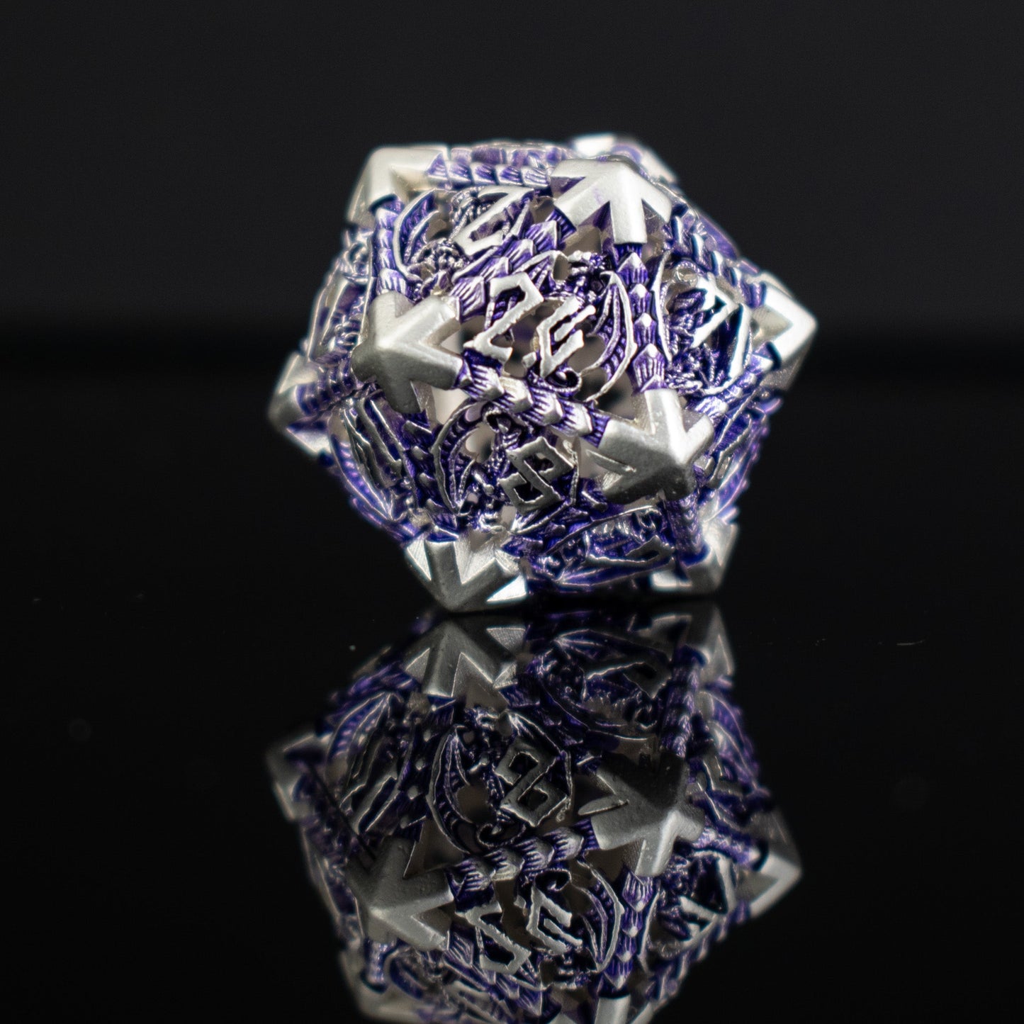 Dragonguard Hollow Metal Dice Set – Purple & Silver 7-Piece Polyhedral RPG Dice