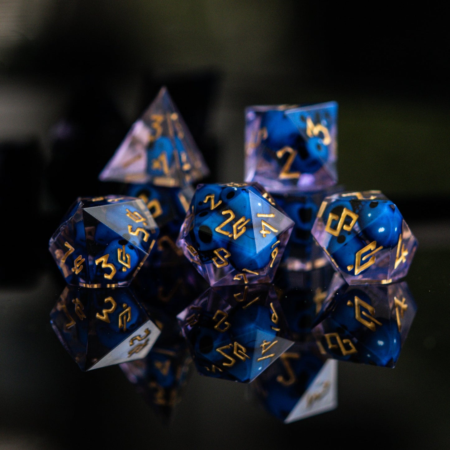 Corpse Blue & Lavender Sharp-Edged Resin Dice Set – 7-Piece Polyhedral RPG Dice