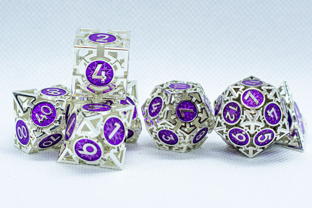 Guardian Silver w/Purple Deadly Arrow Dice | 7-Dice RPG Set High Visibility