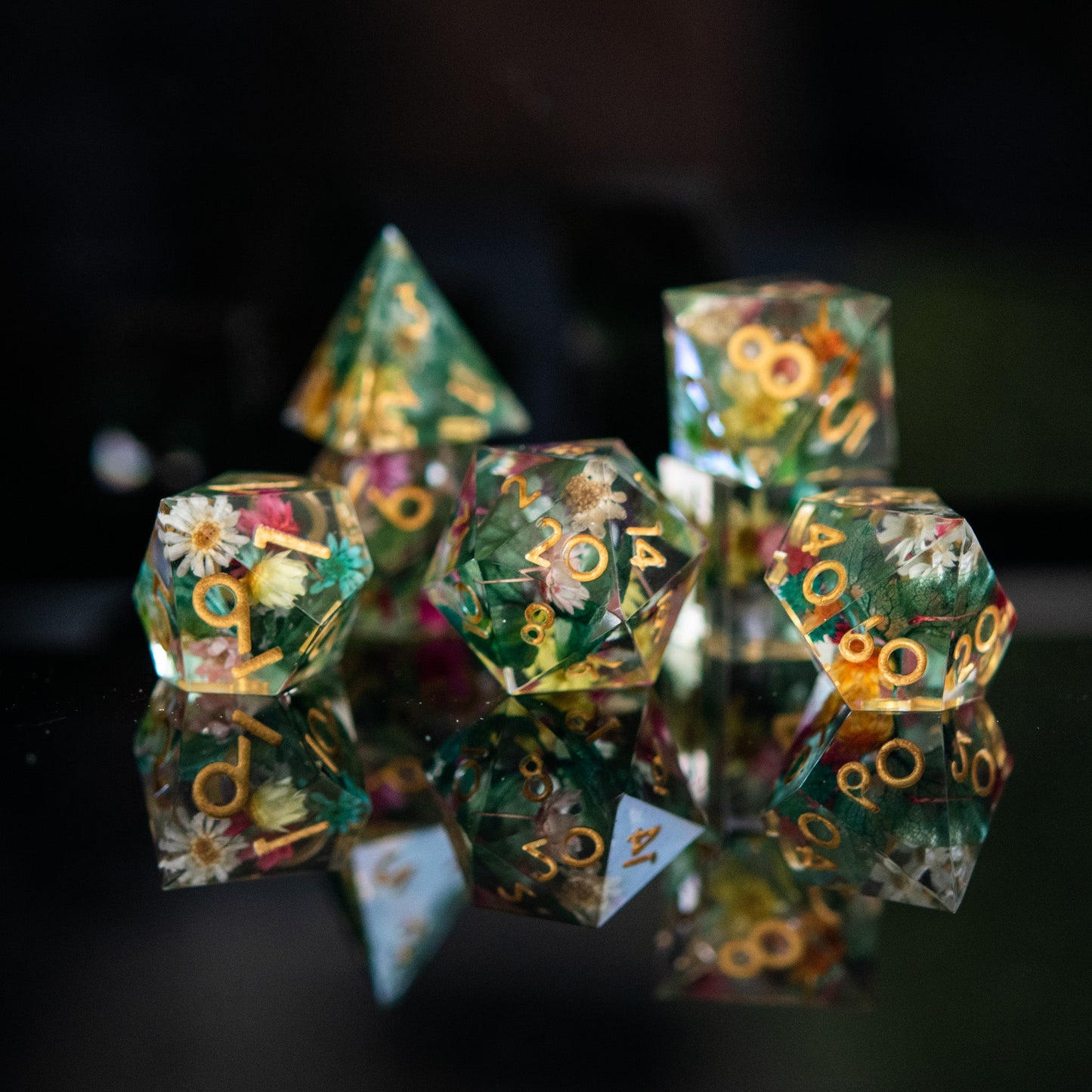 Botanical Gardens Sharp-Edged Resin Dice Set – 7-Piece Polyhedral RPG Dice