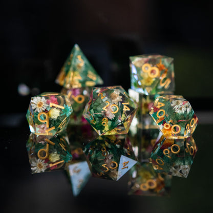 Botanical Gardens Sharp-Edged Resin Dice Set – 7-Piece Polyhedral RPG Dice