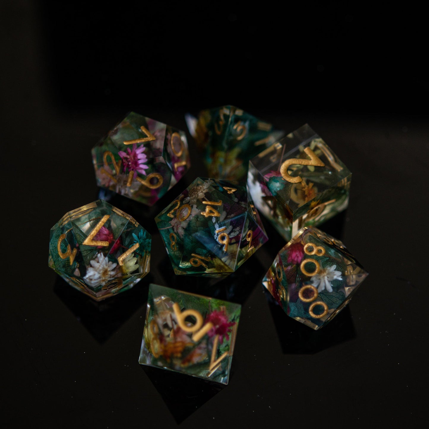 Botanical Gardens Sharp-Edged Resin Dice Set – 7-Piece Polyhedral RPG Dice