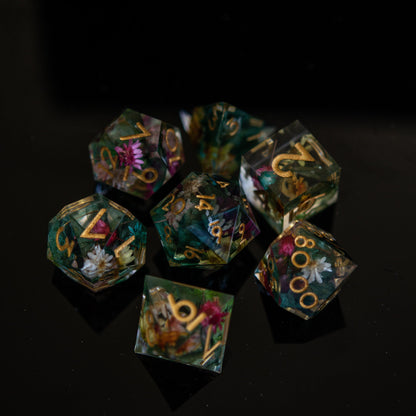 Botanical Gardens Sharp-Edged Resin Dice Set – 7-Piece Polyhedral RPG Dice
