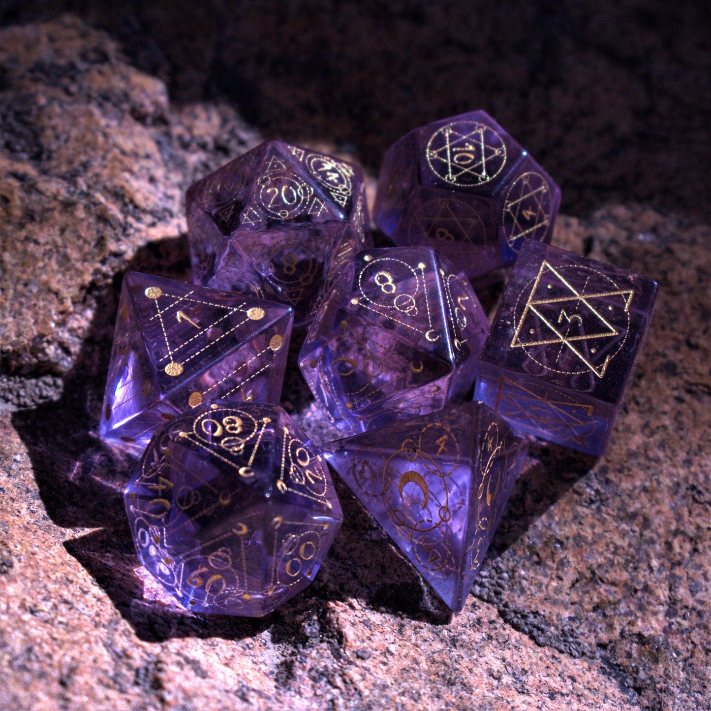 Spellcaster Purple Glass Dice Set – 7-Piece Polyhedral RPG Dice