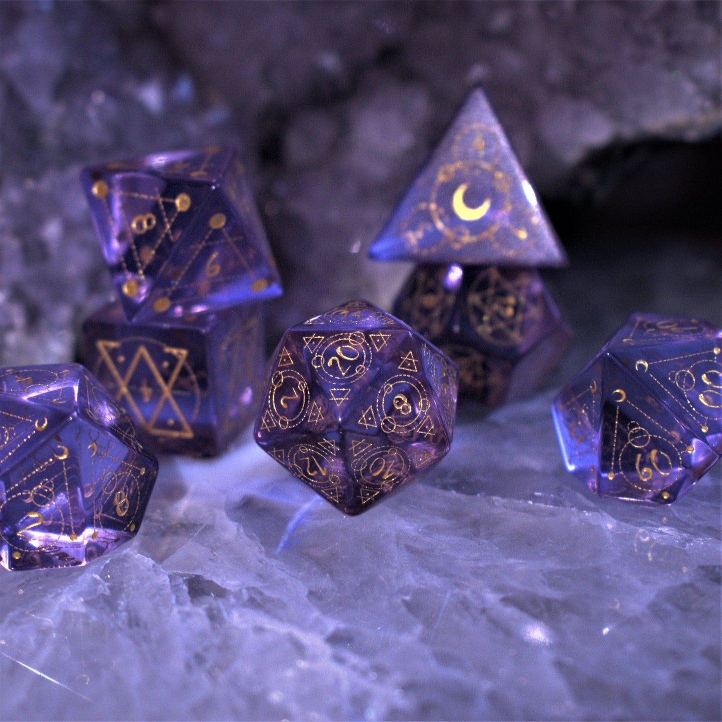 Spellcaster Purple Glass Dice Set – 7-Piece Polyhedral RPG Dice