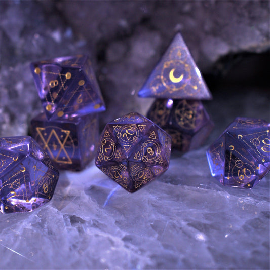 Spellcaster Purple Glass Dice Set – 7-Piece Polyhedral RPG Dice