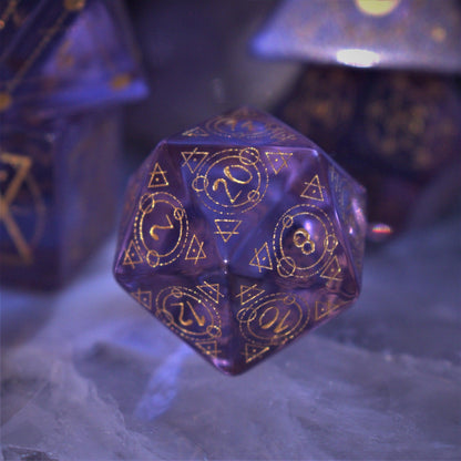 Spellcaster Purple Glass Dice Set – 7-Piece Polyhedral RPG Dice