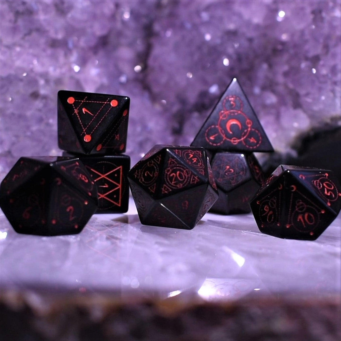 Spellcaster Obsidian Stone Dice Set – 7-Piece Natural Stone RPG Dice