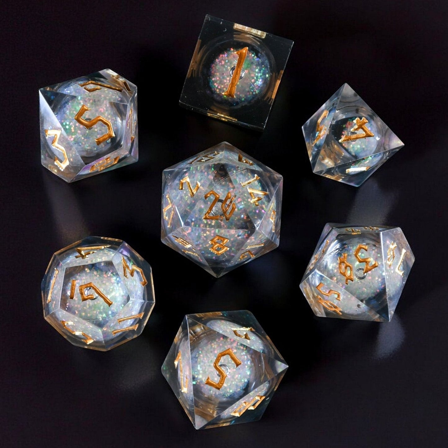 Starry Wisp Liquid Core Dice Set – 7-Piece Sharp-Edge Resin TTRPG Dice