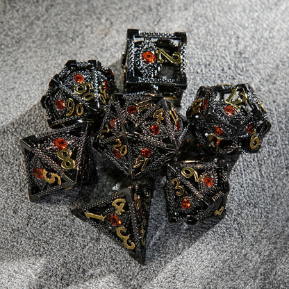 Devil's Eye Ruby Metal Hollow DND Dice Set with Gold Numbers