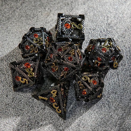 Devil's Eye Ruby Metal Hollow DND Dice Set with Gold Numbers