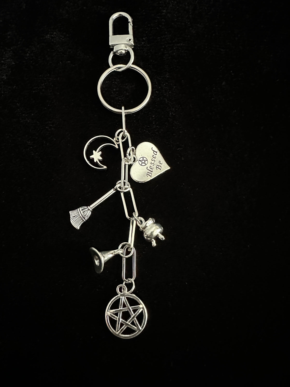 Witchy Bag Charm Keychain – Silver Pentacle, Moon, Witch Hat & Star Charms