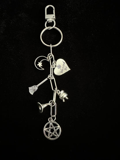 Witchy Bag Charm Keychain – Silver Pentacle, Moon, Witch Hat & Star Charms