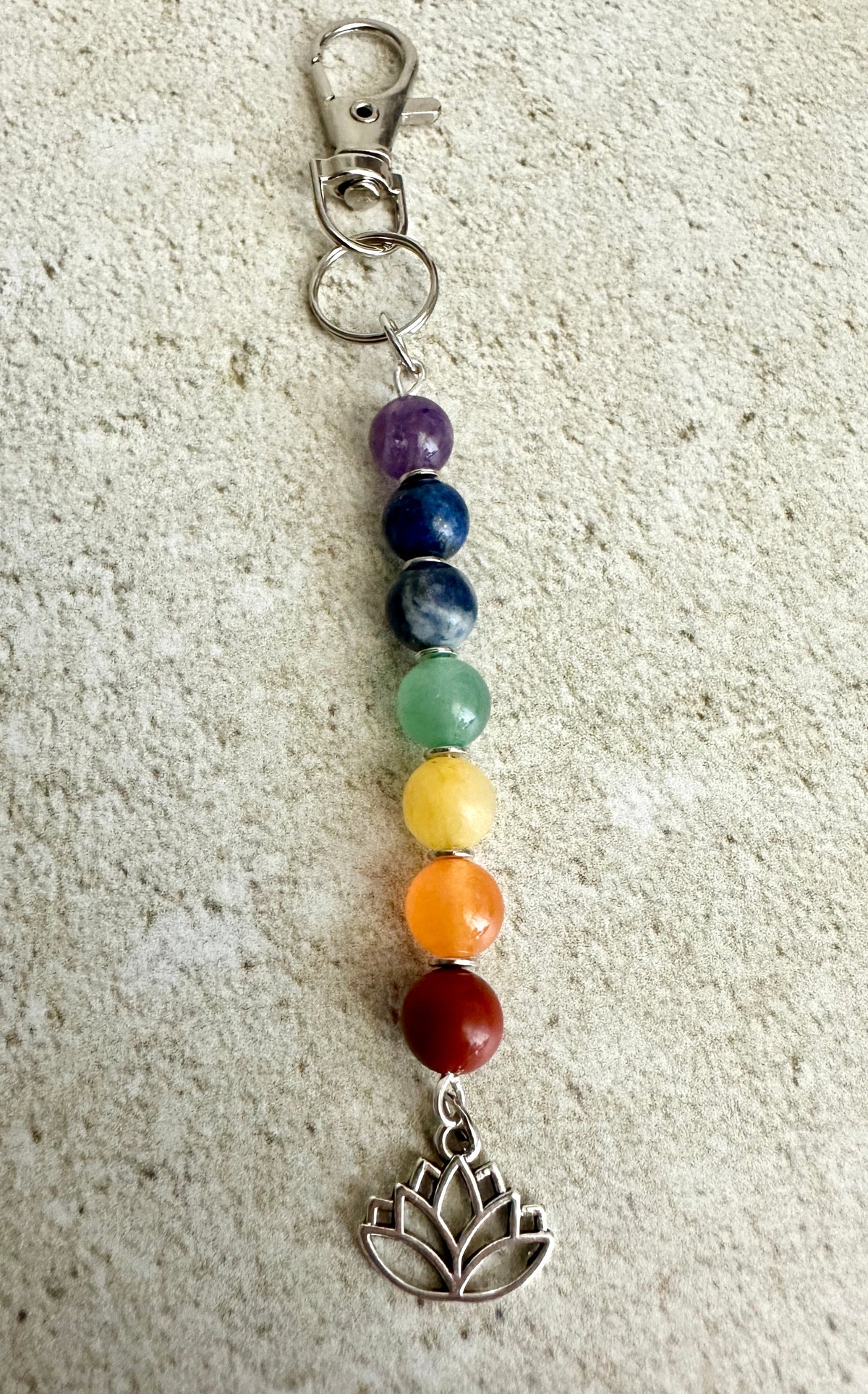 7 Chakra Crystal Gemstone Bag Charm – Reiki Infused Keychain with Silver Lotus, Moon or Om Charm