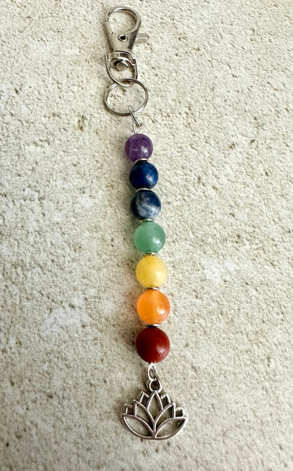 7 Chakra Crystal Gemstone Bag Charm – Reiki Infused Keychain with Silver Lotus, Moon or Om Charm