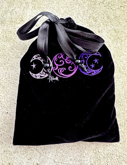 Triple Moon Velvet Tarot Bag with Drawstring – Witchy Gift for Tarot & Oracle Lovers