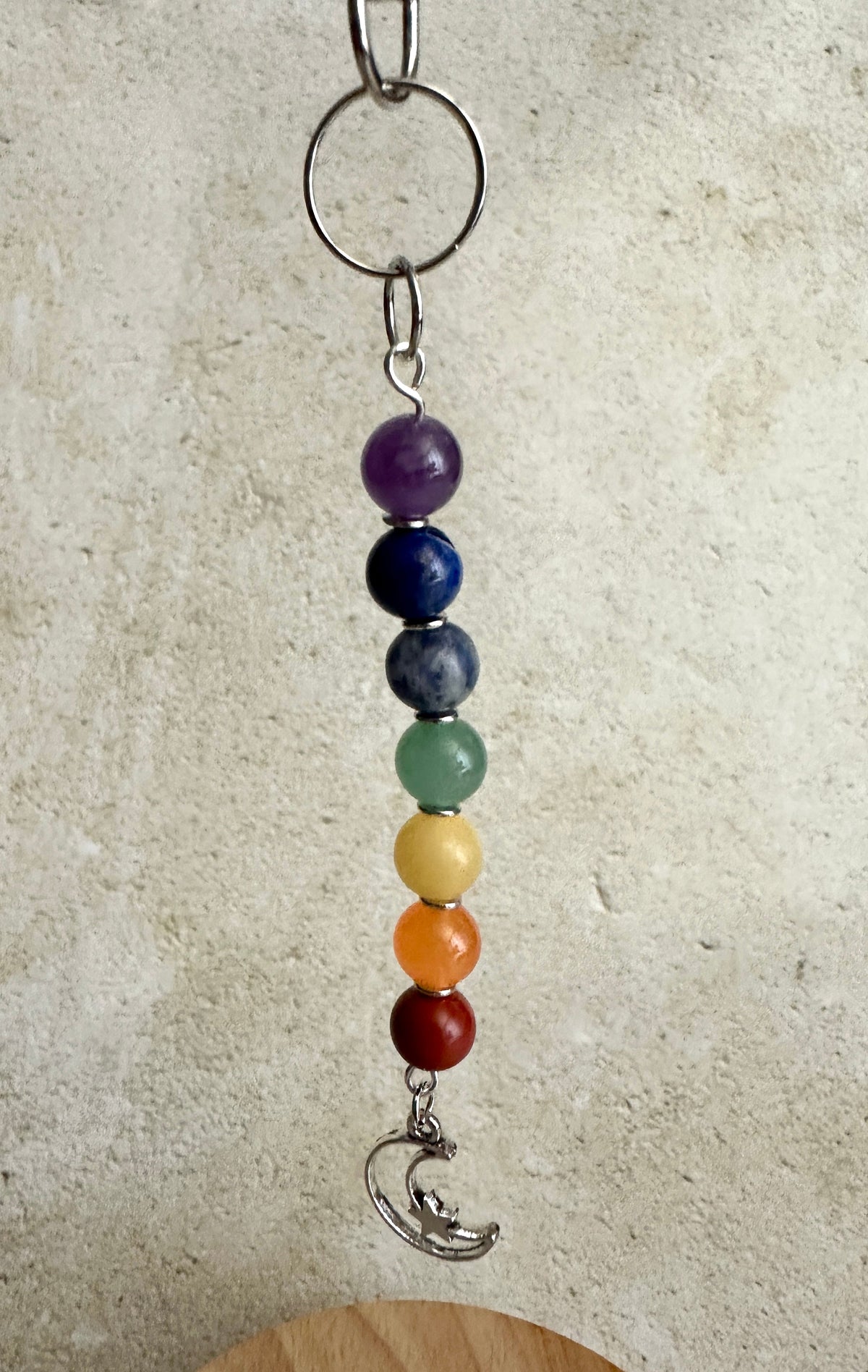 7 Chakra Crystal Gemstone Bag Charm – Reiki Infused Keychain with Silver Lotus, Moon or Om Charm
