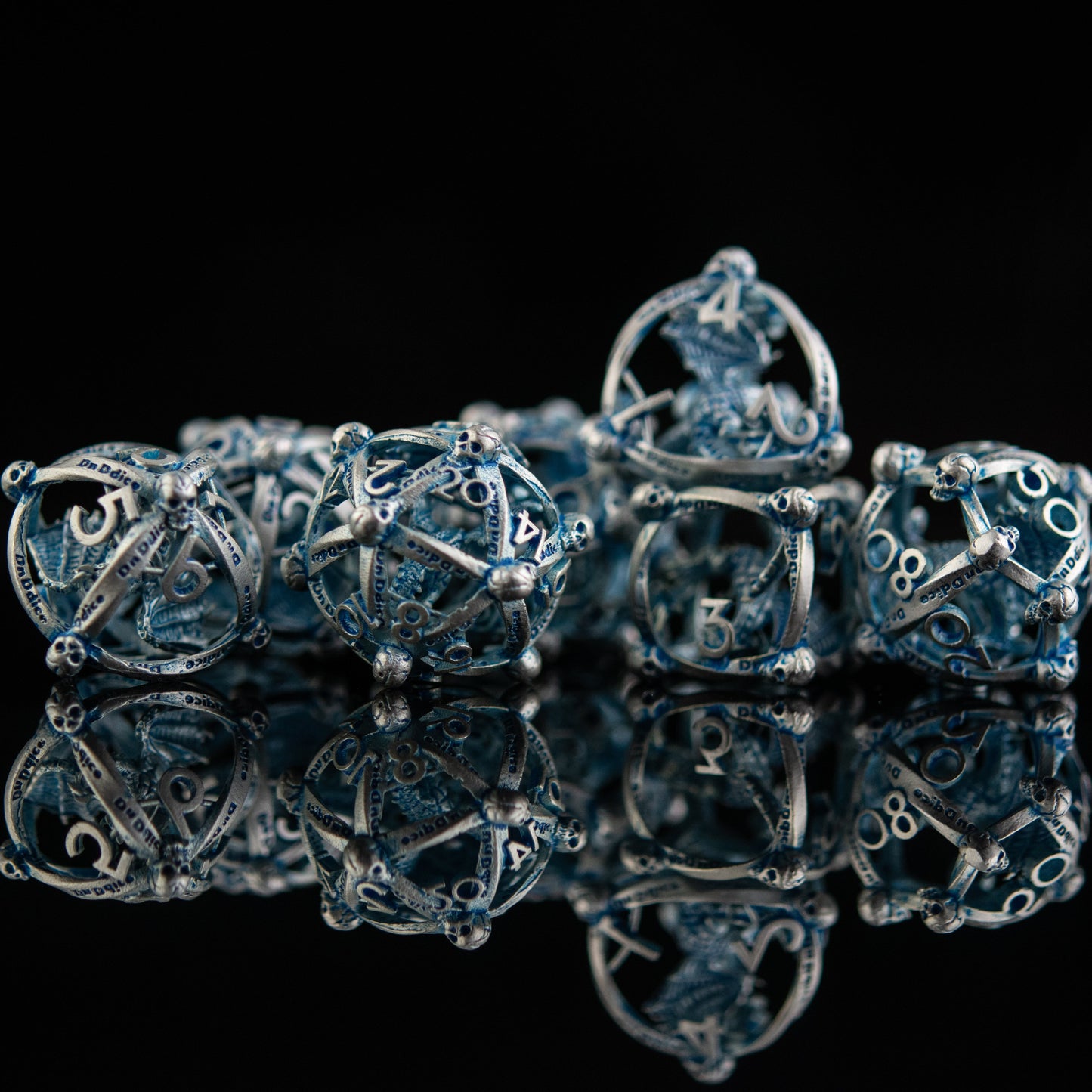 Draco Immortui Hollow Metal Dice Set - Aqua and Silver with Free Velvet Bag