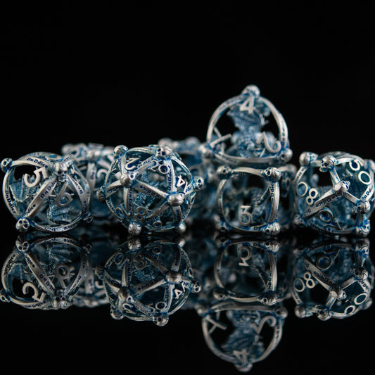 Draco Immortui Hollow Metal Dice Set - Aqua and Silver with Free Velvet Bag